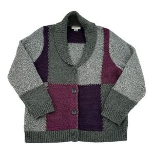 Allison Daley Women Large Cardigan Sweater Patchwork Colorblock Purple Grey Wool